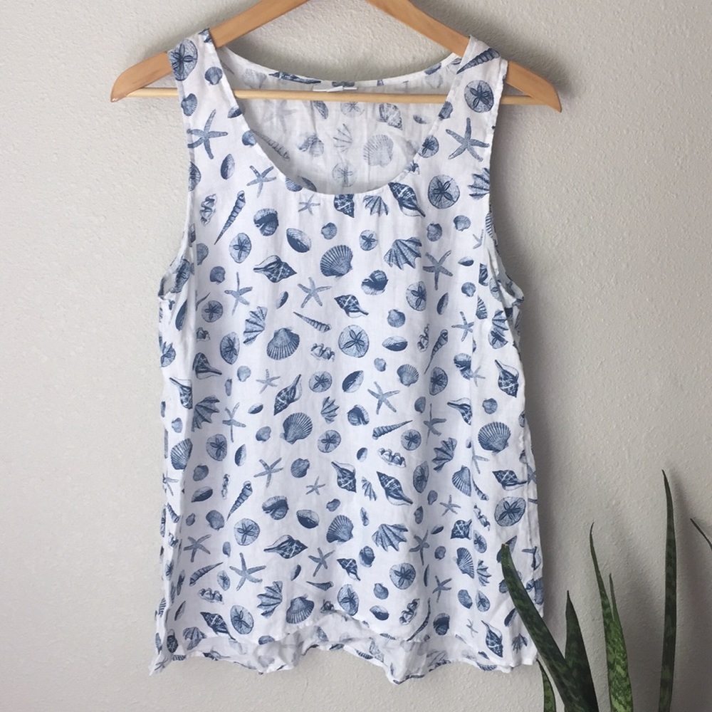 J. Jill Love Linen White Blue Seashell Tank Top